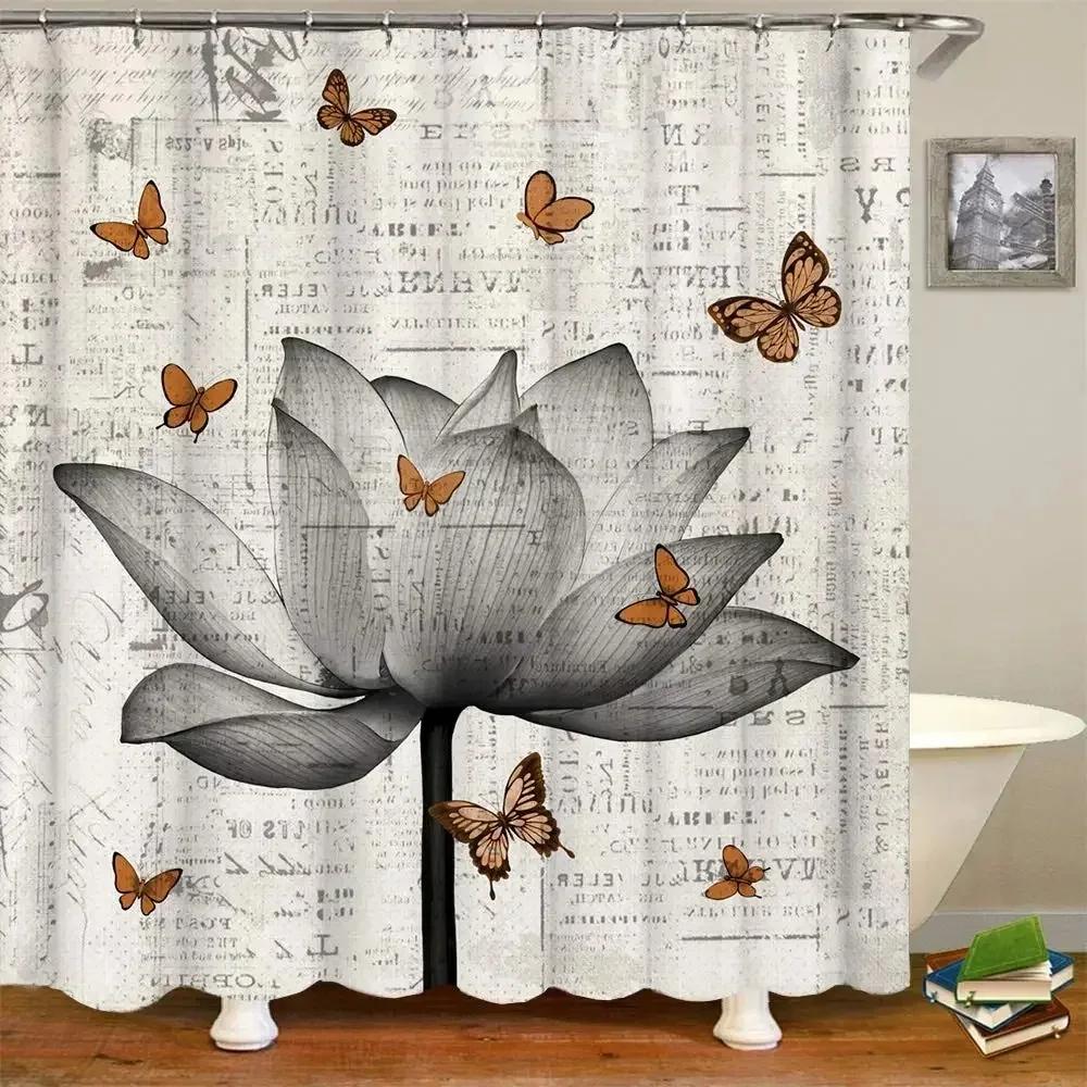 Lotus Shower Curtain BlackWhite Flower Magic Elegant Floral On Black Background Modern Simple Unique Art Women Bathroom Curtain