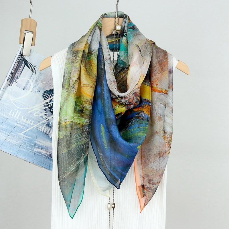 Elegant oil painting blooms with colorful summer sunscreen silk, chiffon mulberry silk, 110 large square scarf, silk scarf, thin shawl
