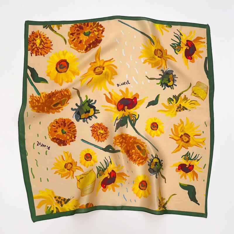 70 cm Beržų Miško Šilko Mišinio Šalikas: Moteriška pavasario/vasaros kvadratinė skarelė aliejinės tapybos stiliumi