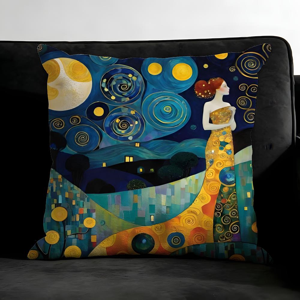 Gustav Klimt Druck Sternennacht Kissenbezug Kissenhülle Ultraweiches Hautfreundliches Gewebe Wolkenähnlicher Komfort & Verdeckter Reißverschluss