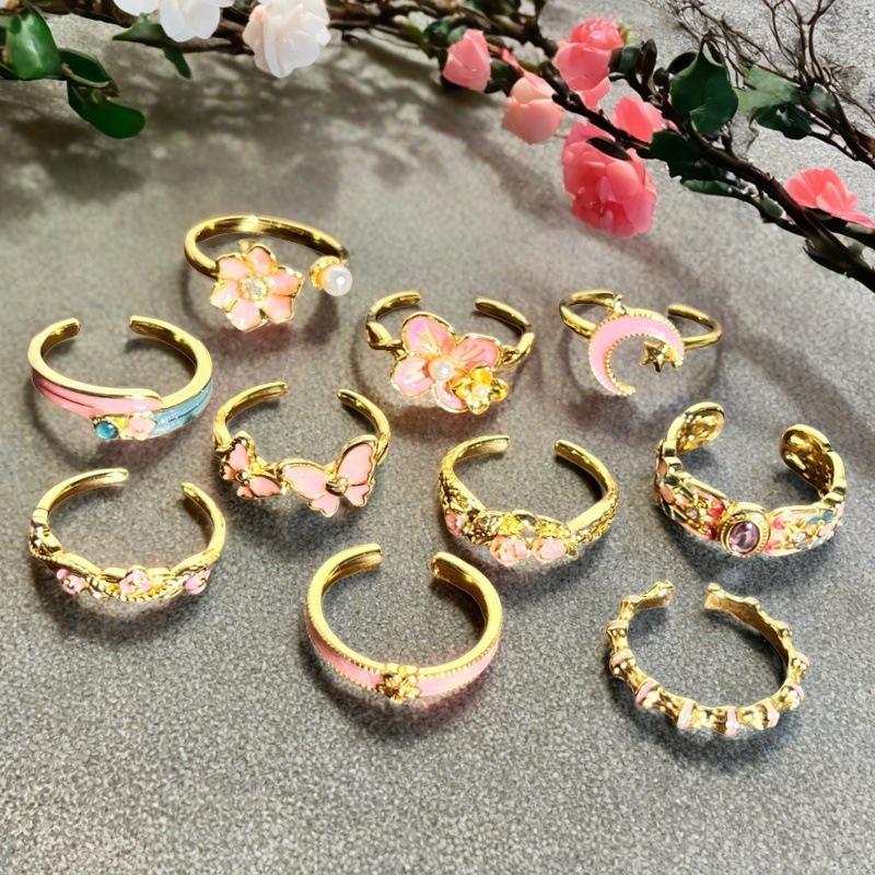 Princess Pink Flower Gold Enamel Dripping Oil Opening Ring Female Butterfly Premium Sweet Cool Ring