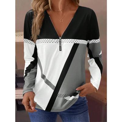 Damen Langarm T-Shirt mit geometrischem Print, halbem Reißverschluss am Ausschnitt, Lässiges Herbst Winter Oberteil
