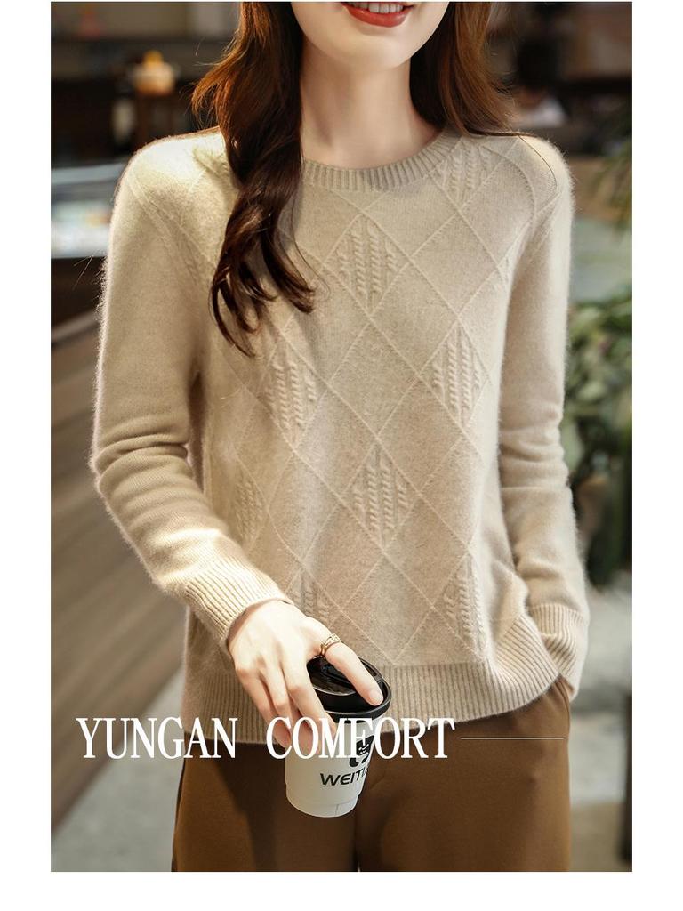 Women's 100% Wool Round Neck Slimming Knitted Sweater - Autumn/Winter