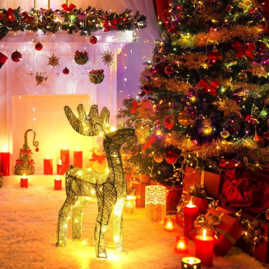 Lighted Reindeer Figurine 3D Metal Standing Deer Statue with LED Light for Outdoor Christmas