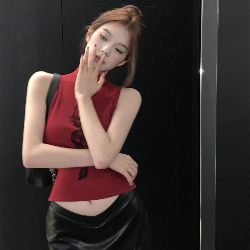 Summer Retro Print Turtleneck Tank Top Women Hotsweet Sleeveless Slim Camisole