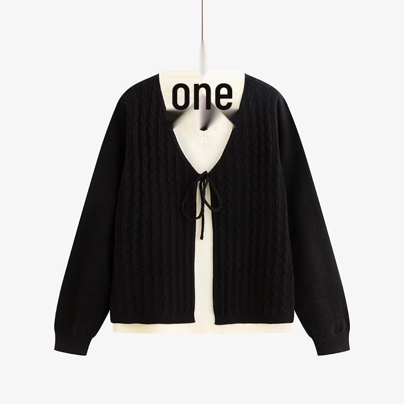 

Plus Size Women s Tie-Up Sweater: 2025 Winter Color Block Knitwear Top XL (120-150 jin) чёрный