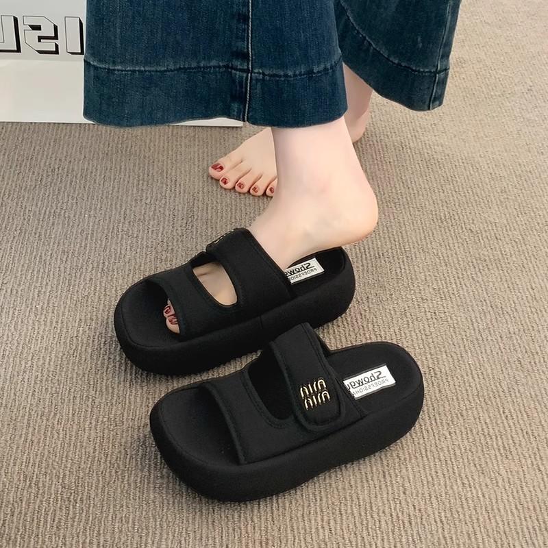 

One-word student small height-increasing platform slippers women summer wear new Velcro cold slippers beach 40 чёрный