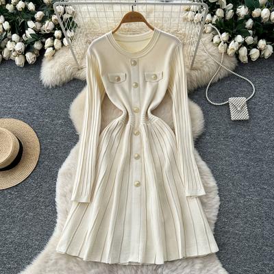 Autumn Winter Women Casual O-neck Full Sleeve Knitted Sweater Pullover Dresses