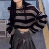 Contrasting Stripes Design Sense Niche Hollow Knitted Sweater Autumn New Women's Loose Short Ripped Sweater