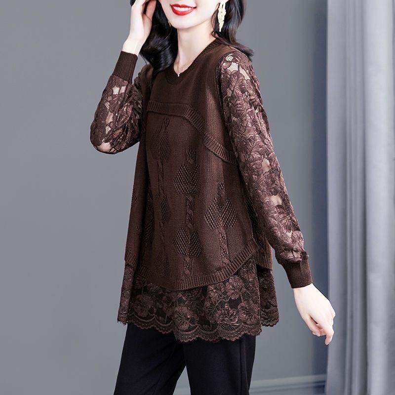 

Женский вязаный свитер Удобный свободный Топ из двух частей Пуловер Кружевная рубашка с длинным рукавом Теплые повседневные топы S