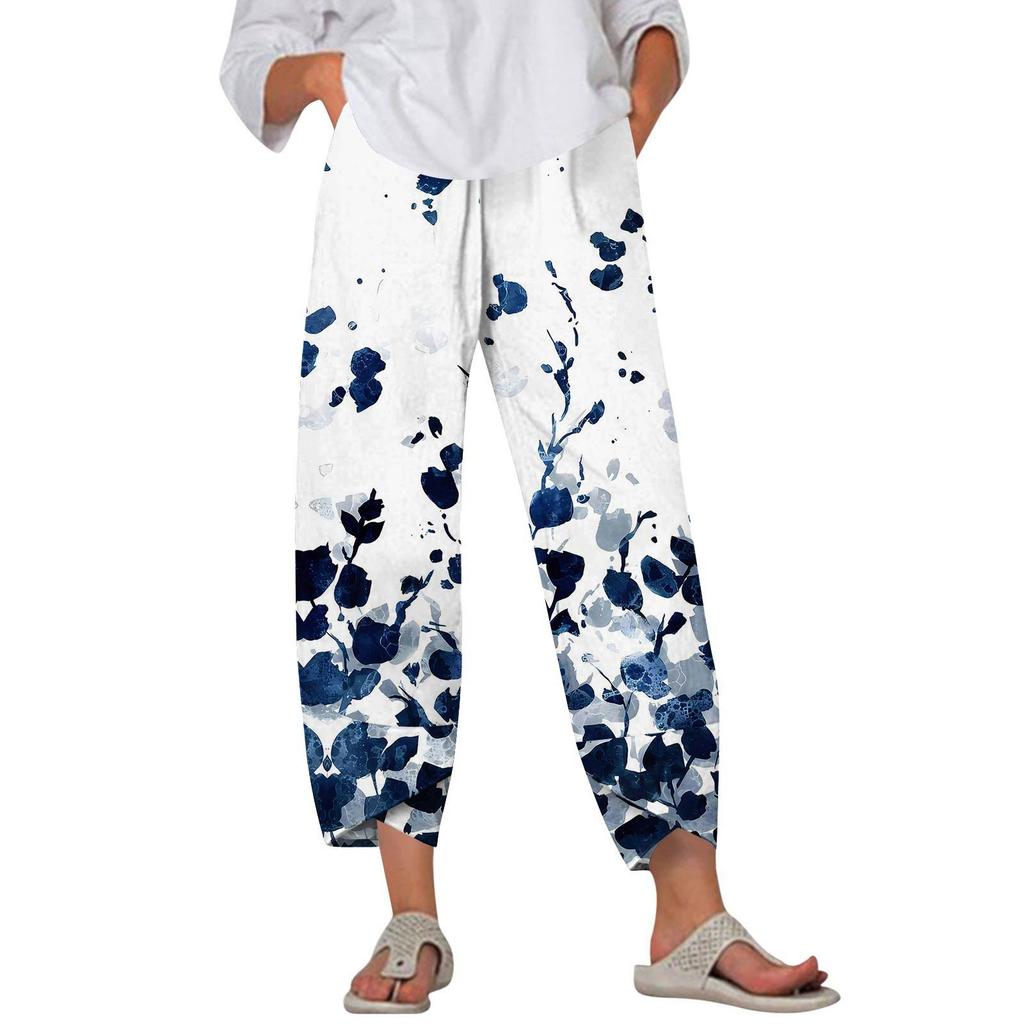 Pants For Women Summer Casual Wide Leg Elastic Waist Print Pants With Pockets