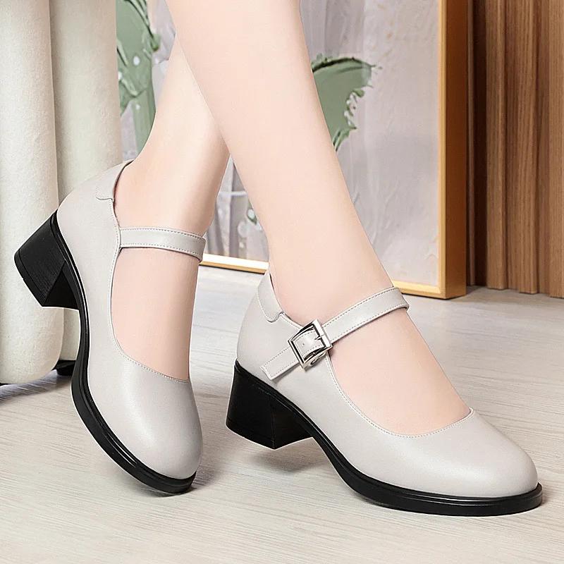 

4cm Breathable Comfortable Shallow Mary Janes Soft Leather Shoes 2025 Fall Med Square Heels Shoes Black for Office Mom Work 41