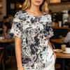 Damenmode Bedrucktes kurzärmeliges Baumwoll-Leinen-Henley-Shirt mit Knopfleiste und Brusttasche für Freizeitkleidung