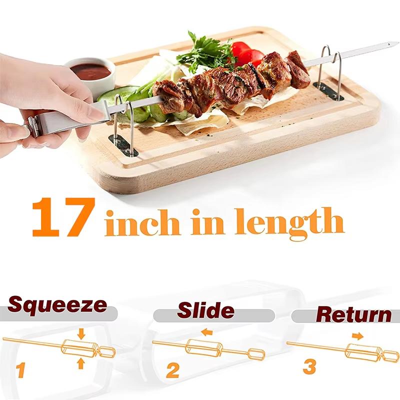 6Pcs Kabob Skewers for Grilling Stainless Steel Flat BBQ Skewers with Quick Release Metal Sliding Handle YY085