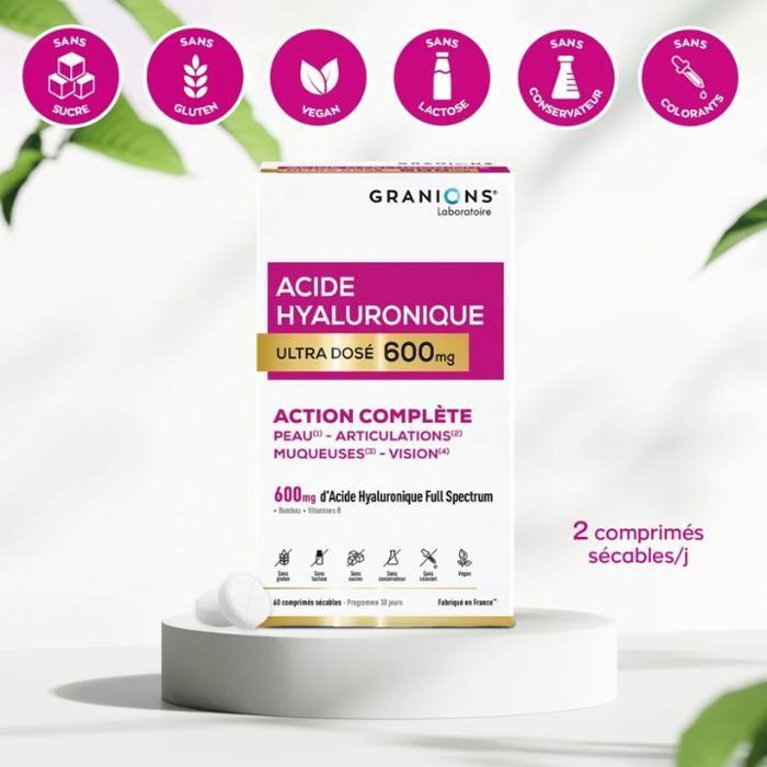 Granions - Acide Hyaluronique Full Spectrum Ultra Dosé 600mg - Peau, Articulations, Muqueuses & Vision - Vegan - 60 Comprimés