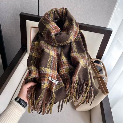 Women's Winter New Versatile Korean Checkered Scarf, Retro Tassel Checkered Warm and Warm Scarf