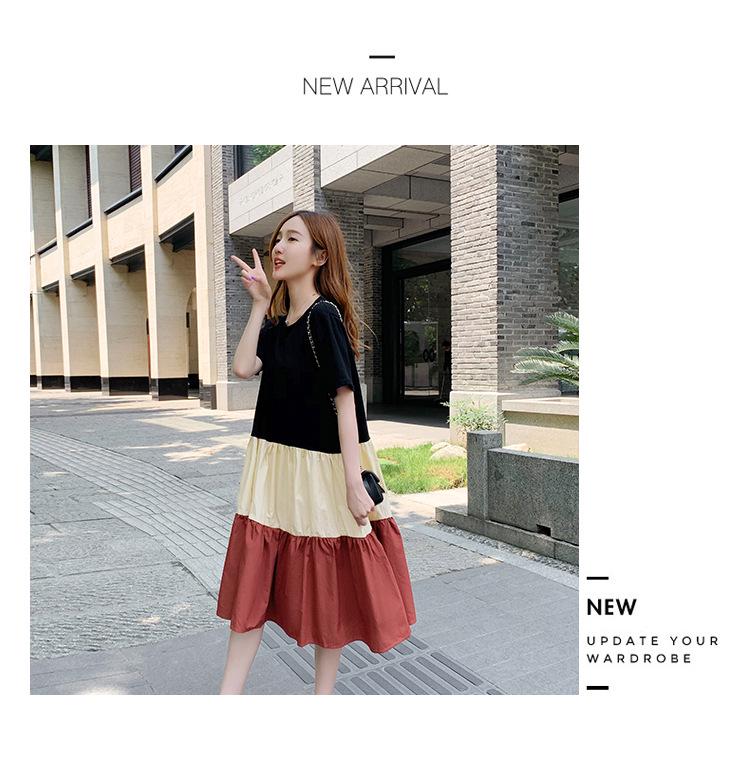 Women's Mid-Length A-line Patchwork Dress, Loose Fit, Short-Sleeved, Over-the-Knee, Summer Style