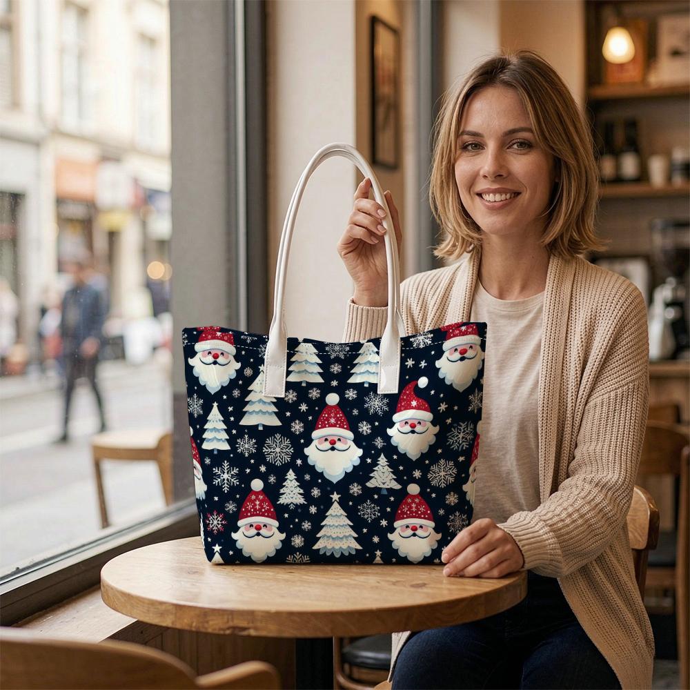 Christmas Santa Print Tote Bag Casual Large Capacity Handbag for Daily Use