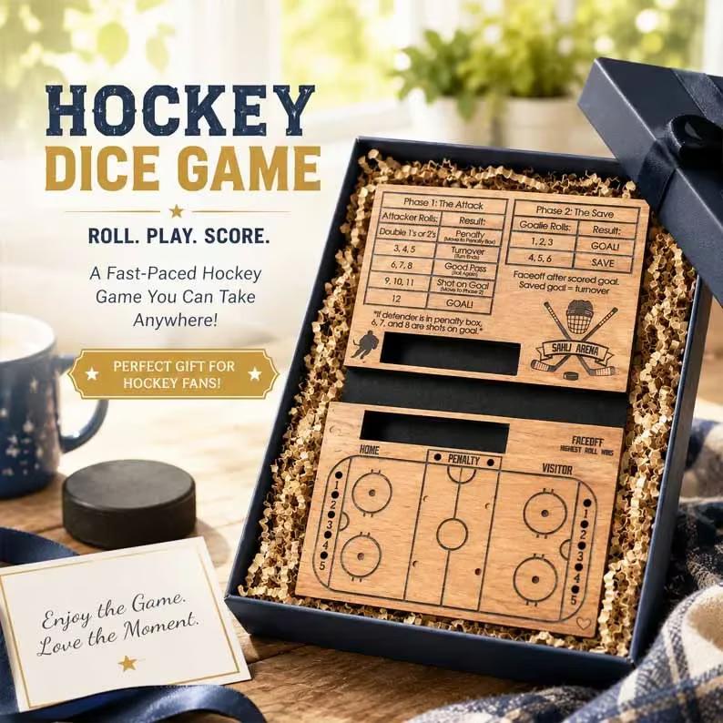 Wooden Tabletop Ice Hockey Dice Game Family Board Game Includes Dice Player Tokens and Scoreboard for Indoor Play