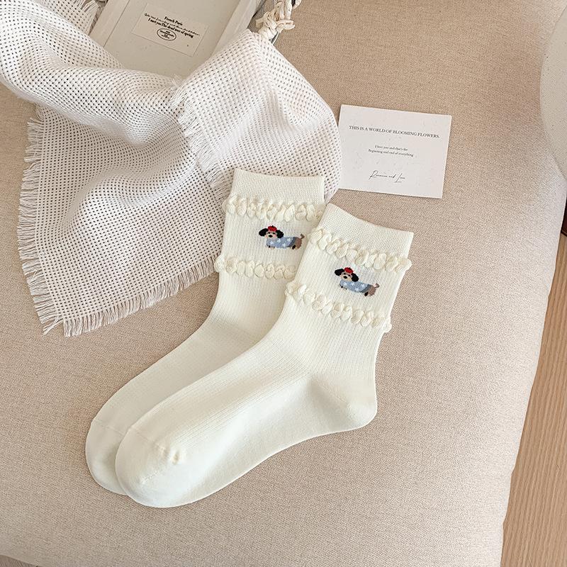 Puppy Socks, Women's Spring and Autumn Cotton Socks, Mid-calf Socks, Trendy and Breathable Cotton Socks, Cute Lace Bubble Opening Pile Socks