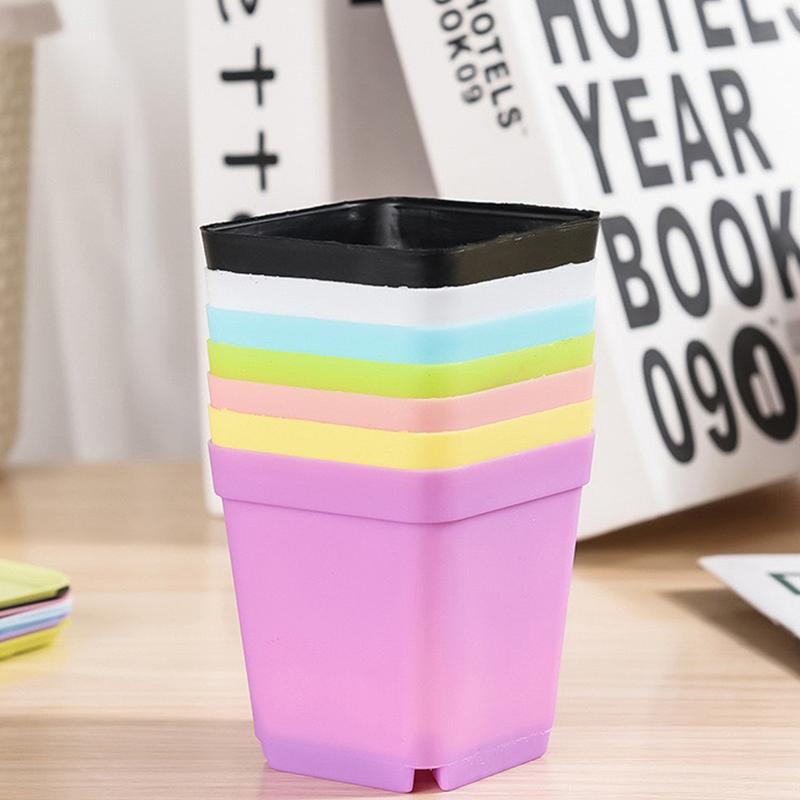 12PCS/Set Colorful Plastic 7cm Square Flowerpot with Tray Office Desktop Plant Grow Container Succulent Pot Garden Nurseries ZYF