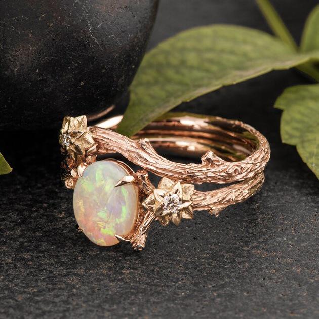 Vintage Rose Gold Opal Couple Rings Set - Cross Design for Women