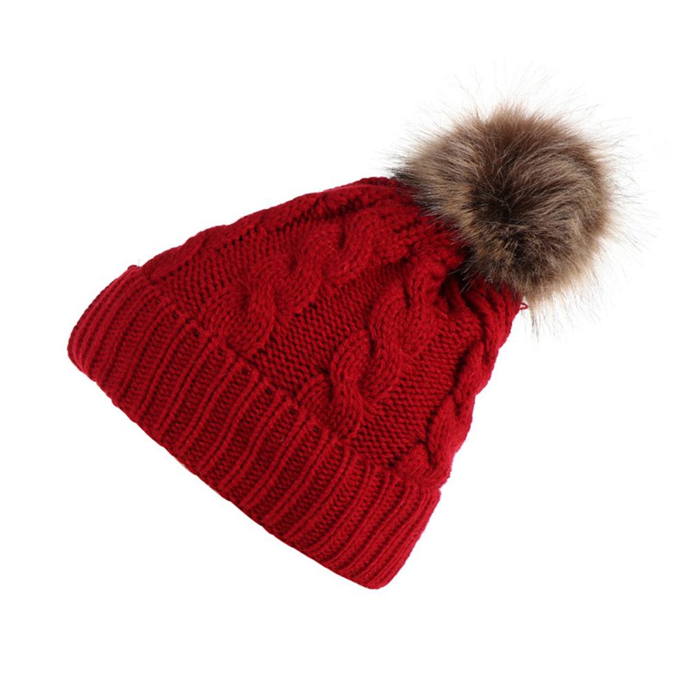 Women Knitted Cap Fashionable Solid Color Fuzzy Ball Warm Hat Cap