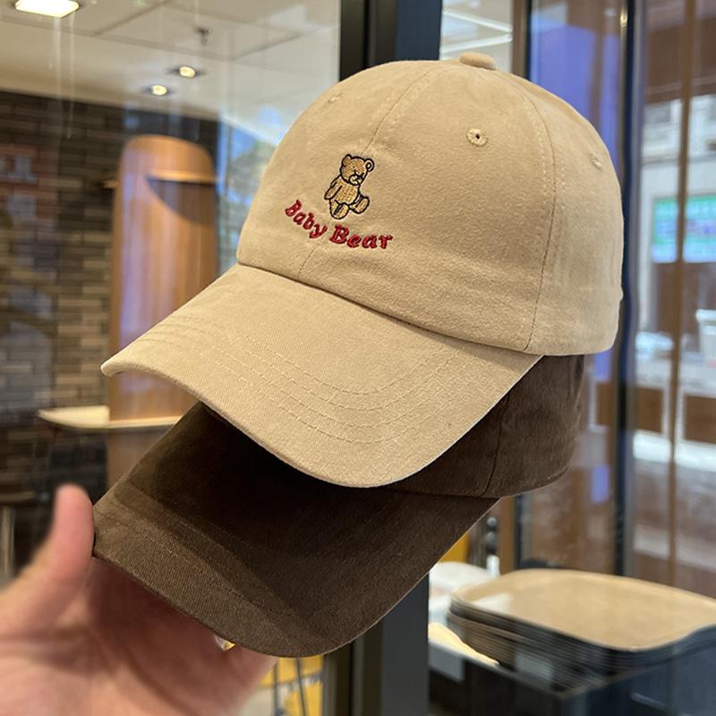 Cute cartoon bear embroidered baseball cap female summer versatile sunshade big head circumference showing face small peaked cap