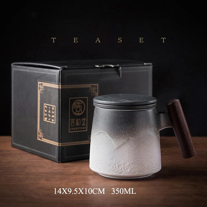 Luxury Mug Ceramic Tea Cup Handmade Aesthetic Chinese Retro Mugs Coffee Cups Elegant Teacup Teaware Water Cup Wooden Handle Business Gift Set
