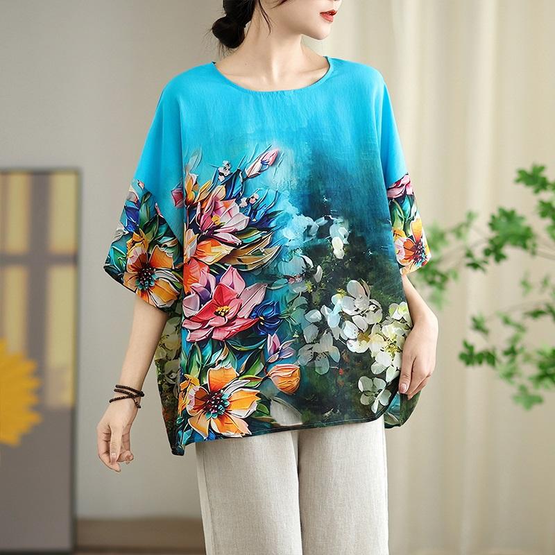 

Короткий рукав, свободная винтажная футболка с цветочным принтом, повседневная, свободная, женская летняя футболка