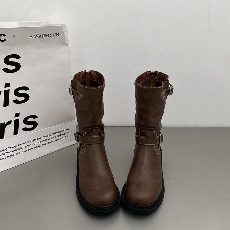 

Black American retro thick heel Martin boots women s 2025 new summer versatile heightening mid-tube boots 40
