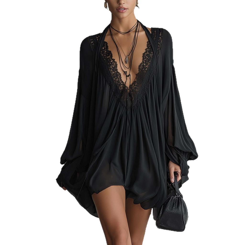 Europäisches und amerikanisches Sommer-Neues Schwarzes Sexy Spitze-Spleiß-V-Ausschnitt Sexy Kleid