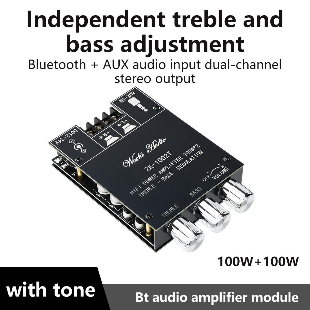 ZK-1002T Bluetooth 5.0 HIFI 2.0 Channel Power Audio Stereo Amplifier Board 2*100W Module TREBLE Bass Note Tuning AMP