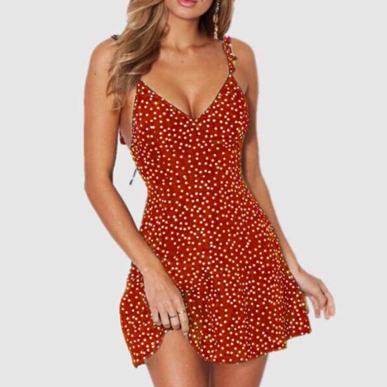Summer Fashion Women Polka Dot Print V Neck Backless Sleeveless Sling Mini Dress