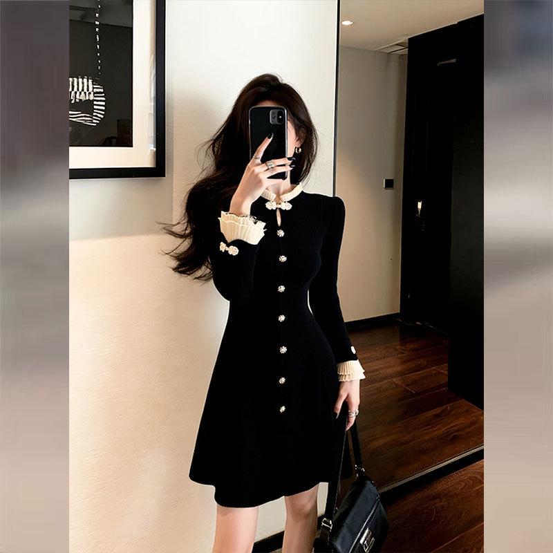 

Petite Black Ruffle Waist-Cinching Winter Dress for Important Occasions One Size чёрный