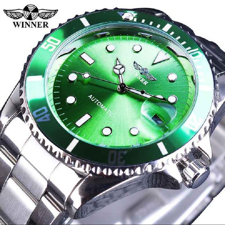 Fashion Accessorie Men's Green/Black Winner Automatic Mechanical Watch Business Casual Waterproof Luminous Calendar Hollow Stainless Steel Strap Watch 8066
