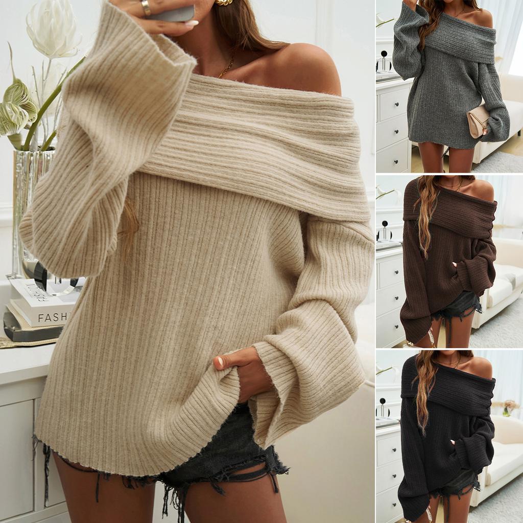 Women's Off The Shoulder Long Sleeve Knit Sweater Loose Fit Casual Solid Color Pullover Top