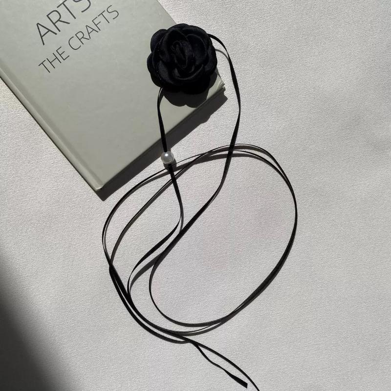 Black and white flower necklace rose choker neck flower neckband necklace female neck collar camellia clavicle chain
