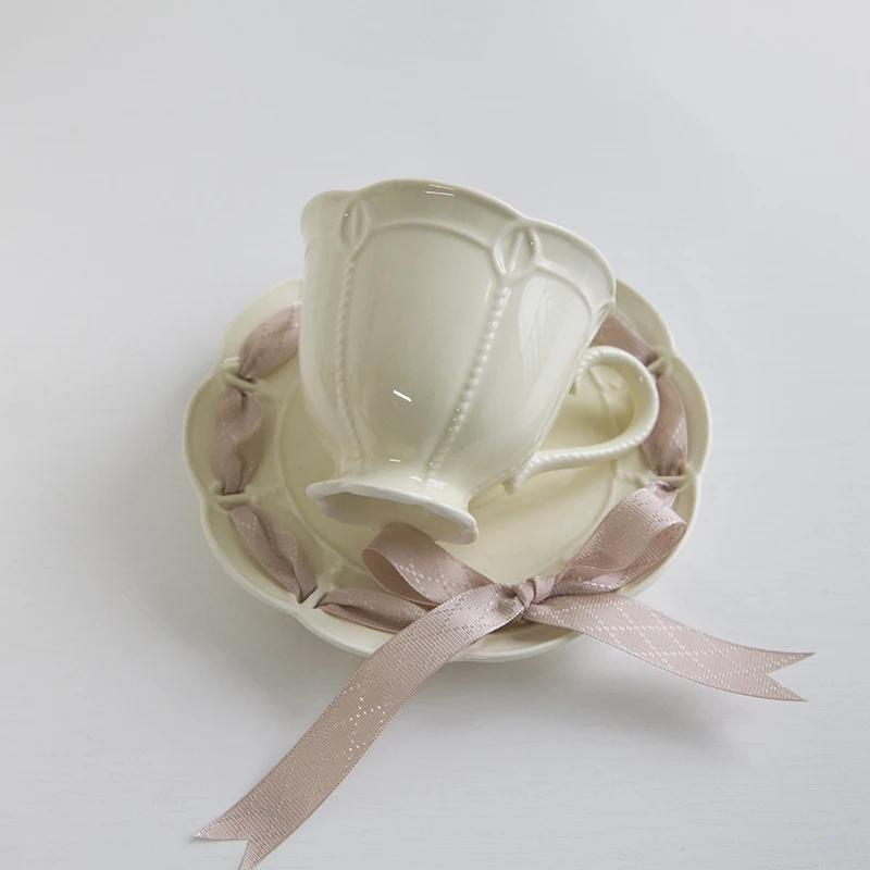 New Bone China Teacup and Saucer Set Ceramic 250ml Tea Coffee Cup with Colorful Ribbon for Wedding and Party Coffee Mug