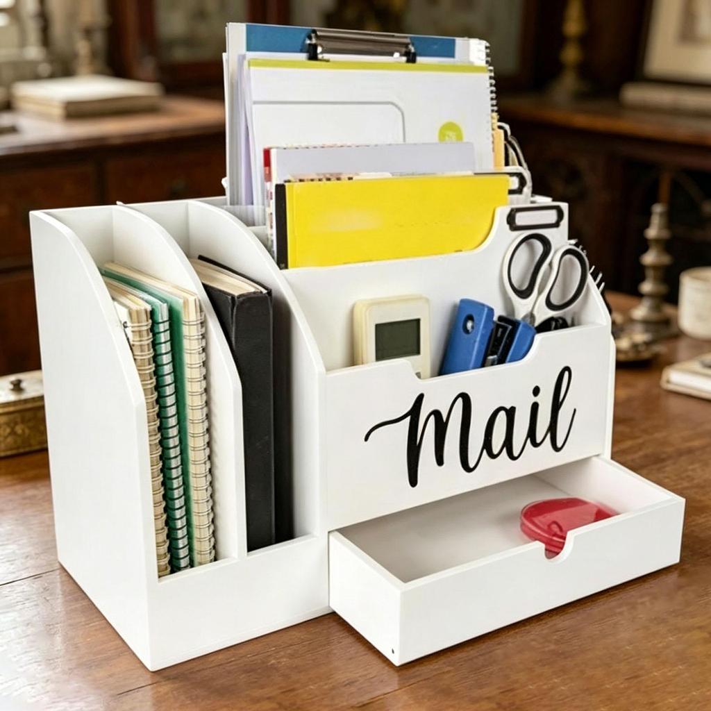 Mail Organizer Desk Organizer Countertop with 6 Slots Rustic Desktop Box Wooden Mail Holder for File Folder Pens Paper Clips