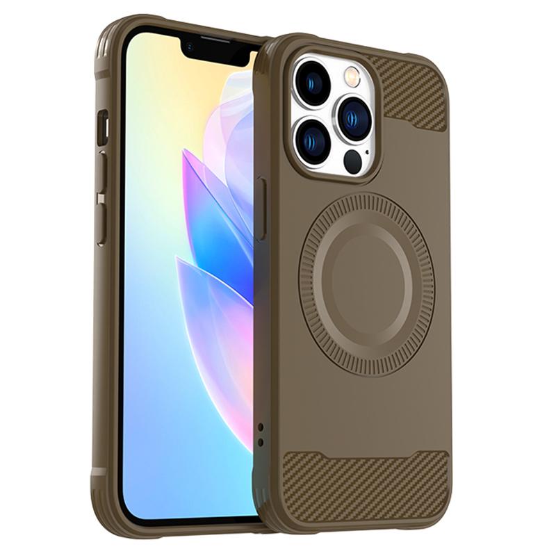 

For iPhone 13 Pro Case Carbon Fiber Texture TPU Phone Cover Compatible with MagSafe Brown