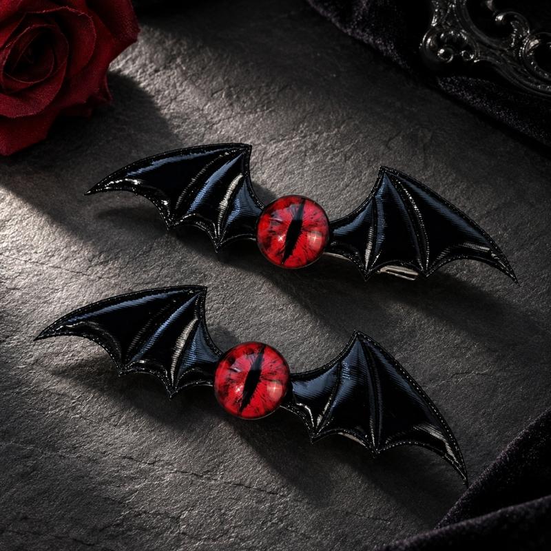 Gothic Hair Clip Set of 2 with Bat Wing Shape and Raised Red Eyeball Decors, Cosplay Barrettes for Theme Party, Stage Show and Party Photo