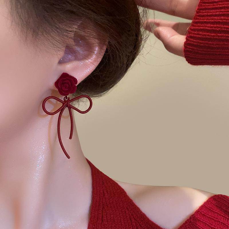 Red flower bow stud earrings niche design sense light luxury fashion high-end earrings autumn versatile