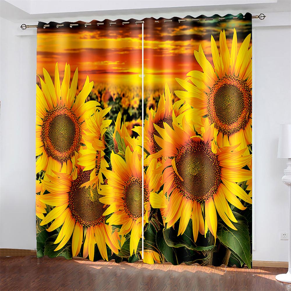 Sunflower Printed Woven Curtains Bedroom Blackout Curtains with Two Independent Curtains On The Left and Right