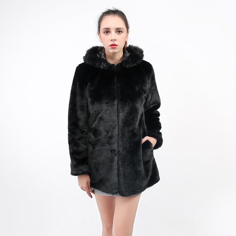 Women's Mid-Length Faux Mink Coat with Hood and Fox Fur Collar - Korean Style