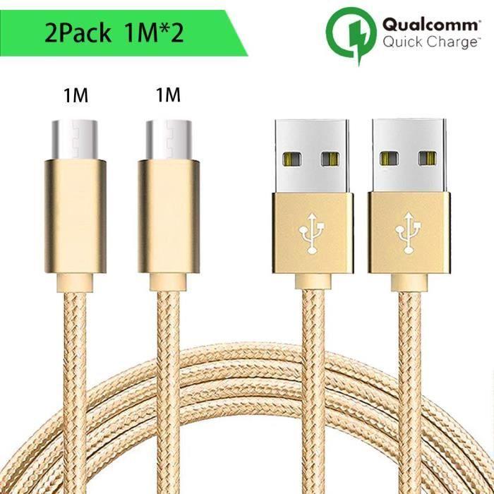 Câble Micro USB - Non spécifié - Lot de 2 - 1M - Nylon Doré - Compatible Android