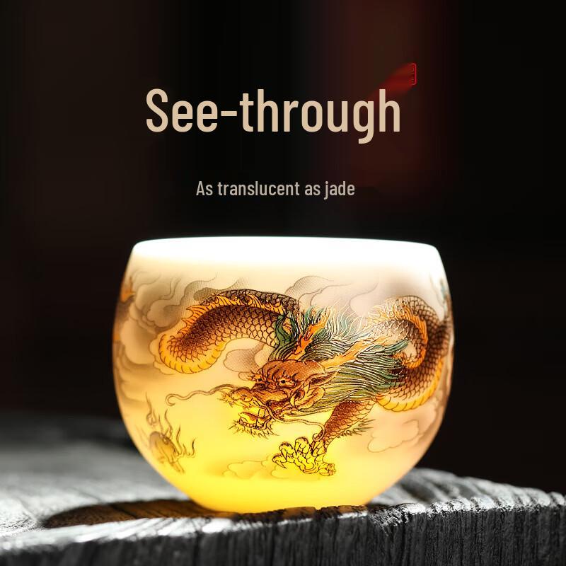 Mutton Fat Jade Porcelain Dragon & Phoenix Teacups