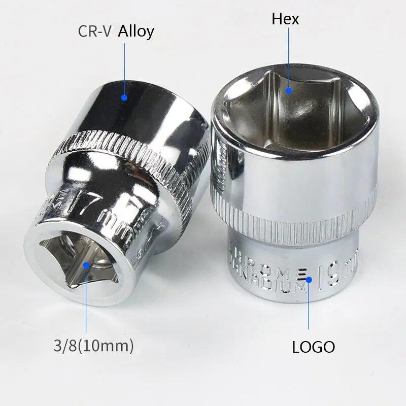 Cap cheie hexagonală de 3/8" cu antrenare 10mm cheie hexagonală antirugină 6mm-24mm set de prize Adaptor cheie cuplifică Instrument de reparație auto 28mm lungime