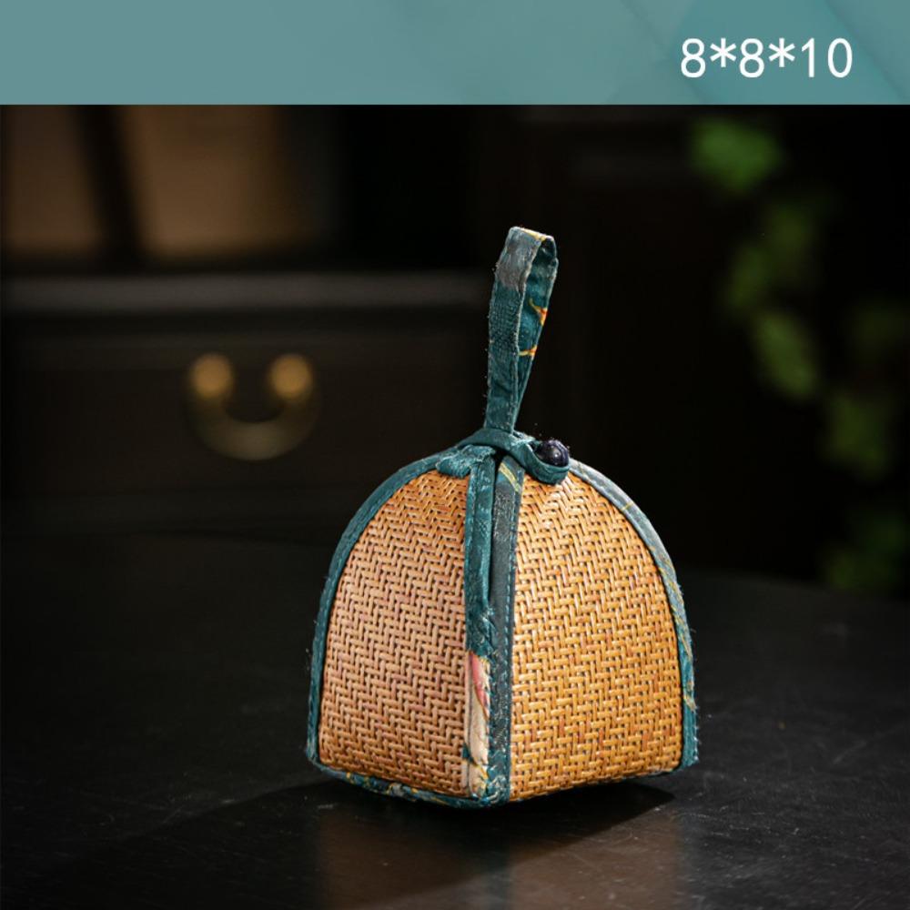 Handmade Spliced Drawstring Pocket with Handle Teapot Bag Rattan Pattern Storage Bag  For Small Cup