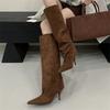 Fashion Vintage Thin Heels Women Knee High Boots Fashion Winter Sexy Pointed Toe Stripper Party Shoes Zapatos De Mujes